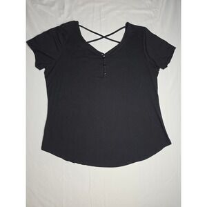M Fasis Womens Black Crisscross V-Neck Henley Short Sleeve Top Size XL